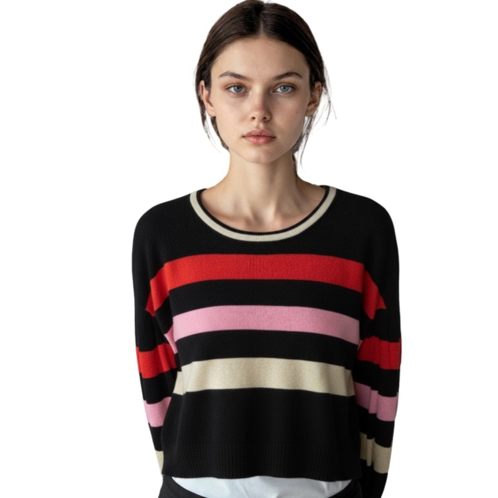 Chic Black & Multi Striped Crew Soft Soft Knit Neck Sweater